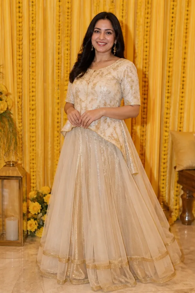 Ivory net skirt with gold lining and a short kurti