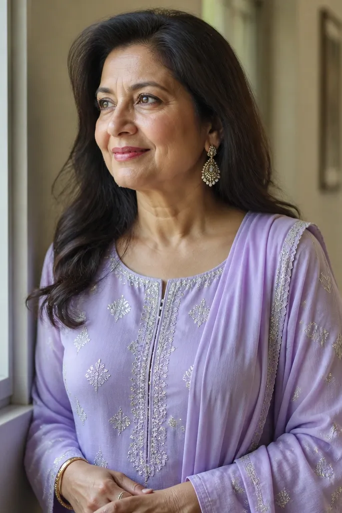 Pastel lilac kurta with silver thread motifs and clean neckline