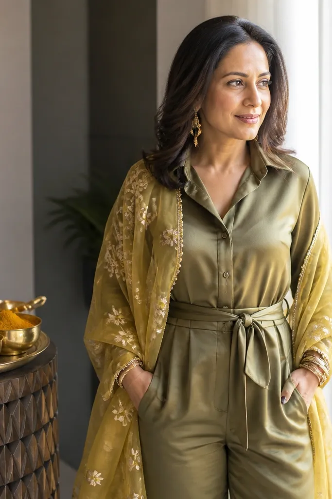 Satin olive jumpsuit with a belted waist and a matching dupatta