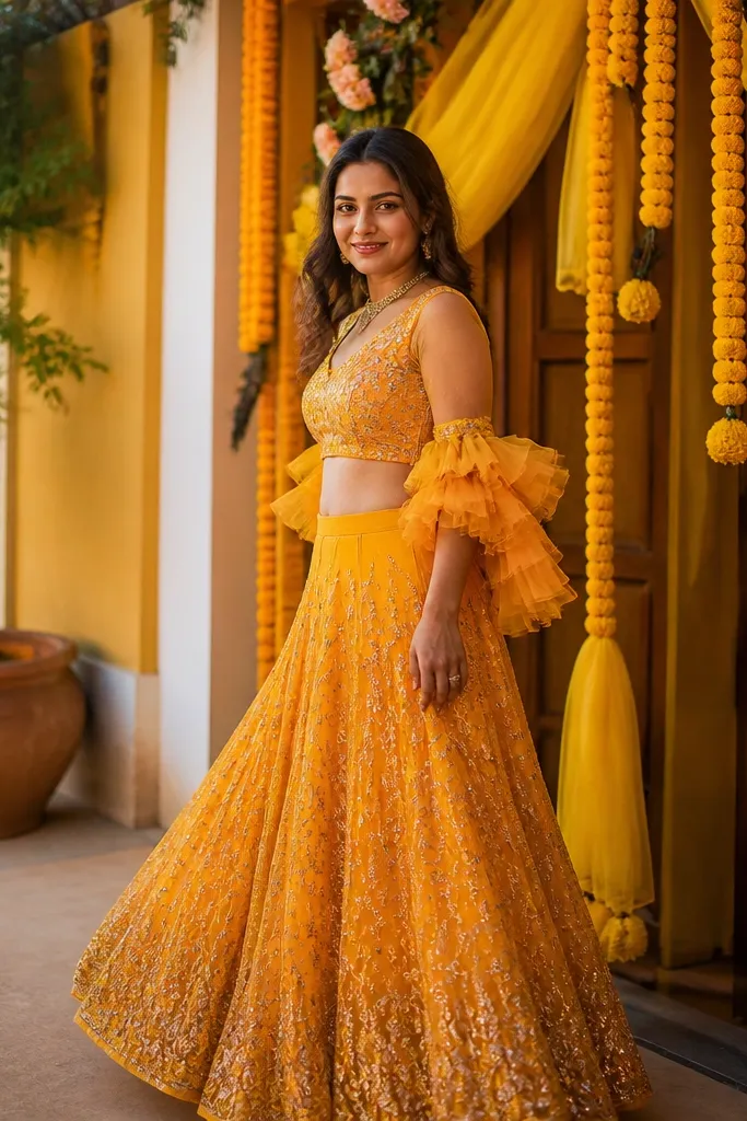 Marigold orange lehenga with a top that has soft frill sleeves