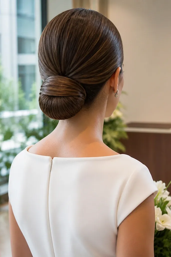 Sleek low bun at the nape with smooth hair and small pins hidden underneath