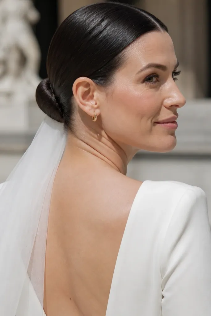 Very smooth low bun with flat top and minimal visible texture
