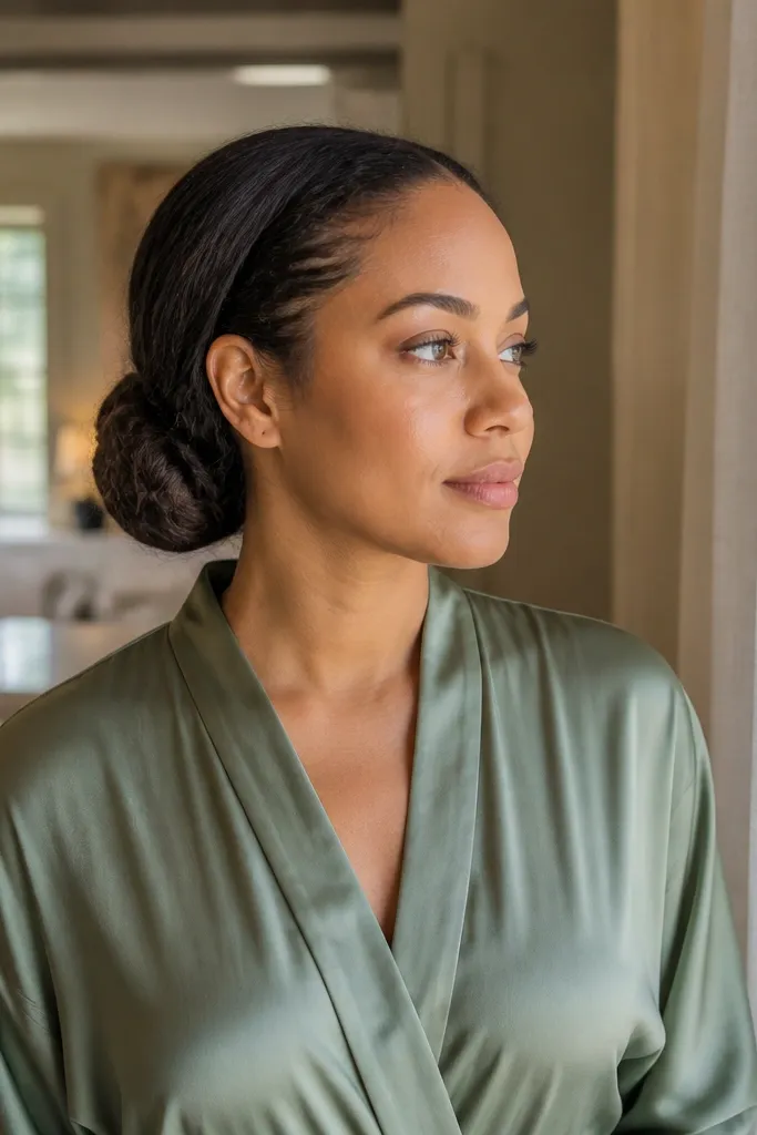 Low bun with small braids woven around the base