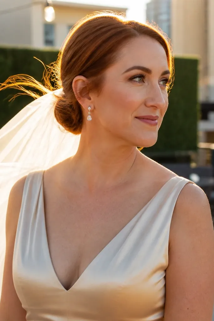 Low bun that looks polished but has a few intentional flyaways