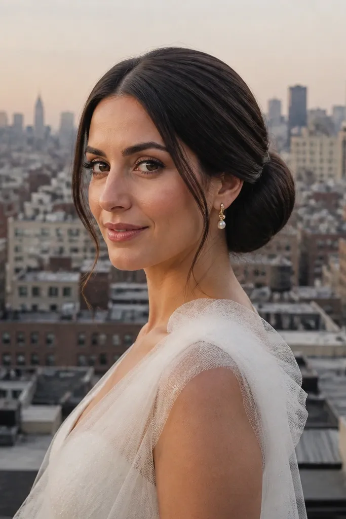 Low bun with extra volume and smooth wrapped hair around a bun base