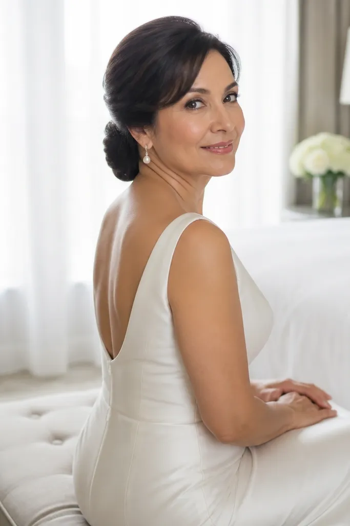 Low bun with gentle lift at the crown and smooth sides