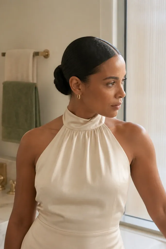 Center-parted hair with a sleek low bun and a neat seam line