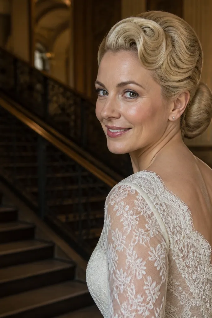 Low bun with subtle pin-curl waves framing the forehead