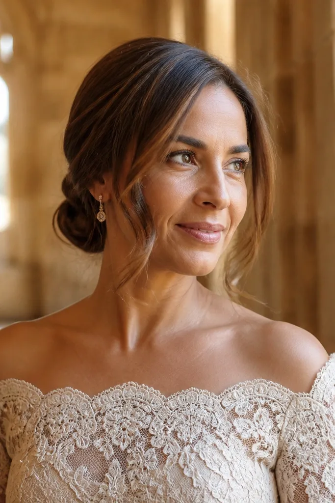 Low bun with two soft tendrils swept along the sides of the face