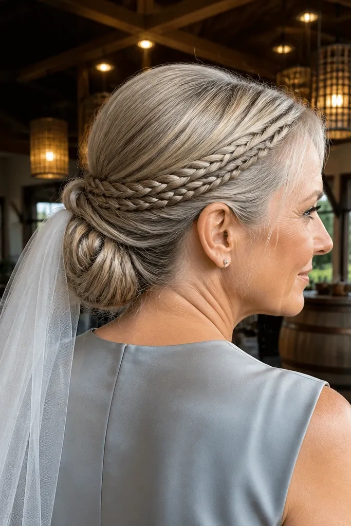 Low bun with a braided band along the crown