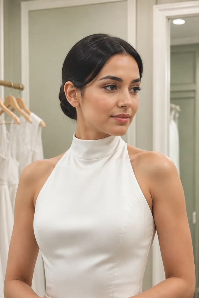 Low bun with tucked short pieces near the forehead like faux bangs
