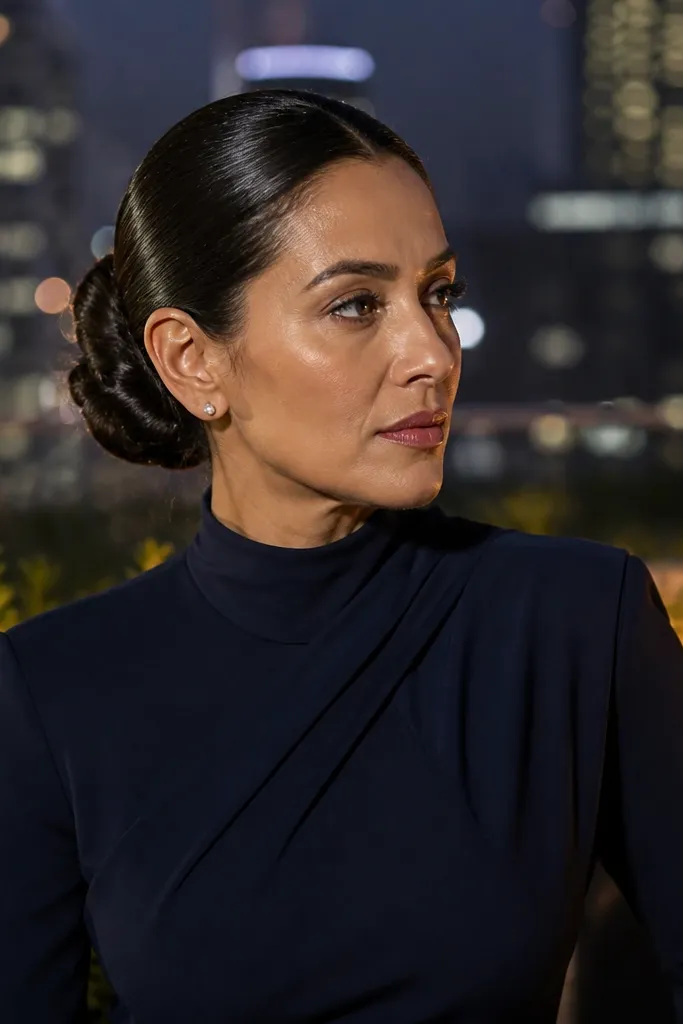 Sleek low bun with controlled shine and smooth hair surface