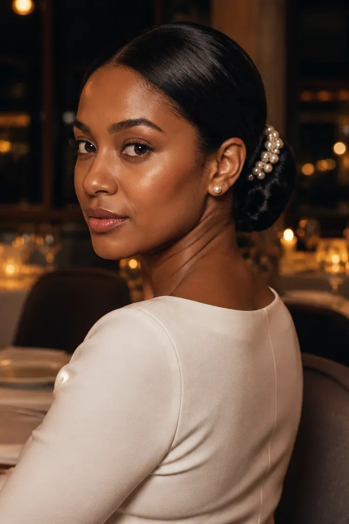 Low bun with a small cluster of pearl pins near the base