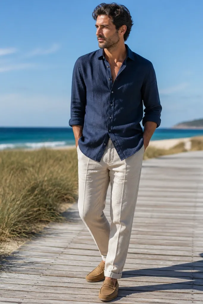 Navy linen open-collar shirt with stone chinos and tan leather loafers