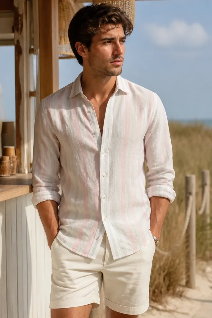 Pastel striped linen button-down with off-white shorts and tan espadrilles