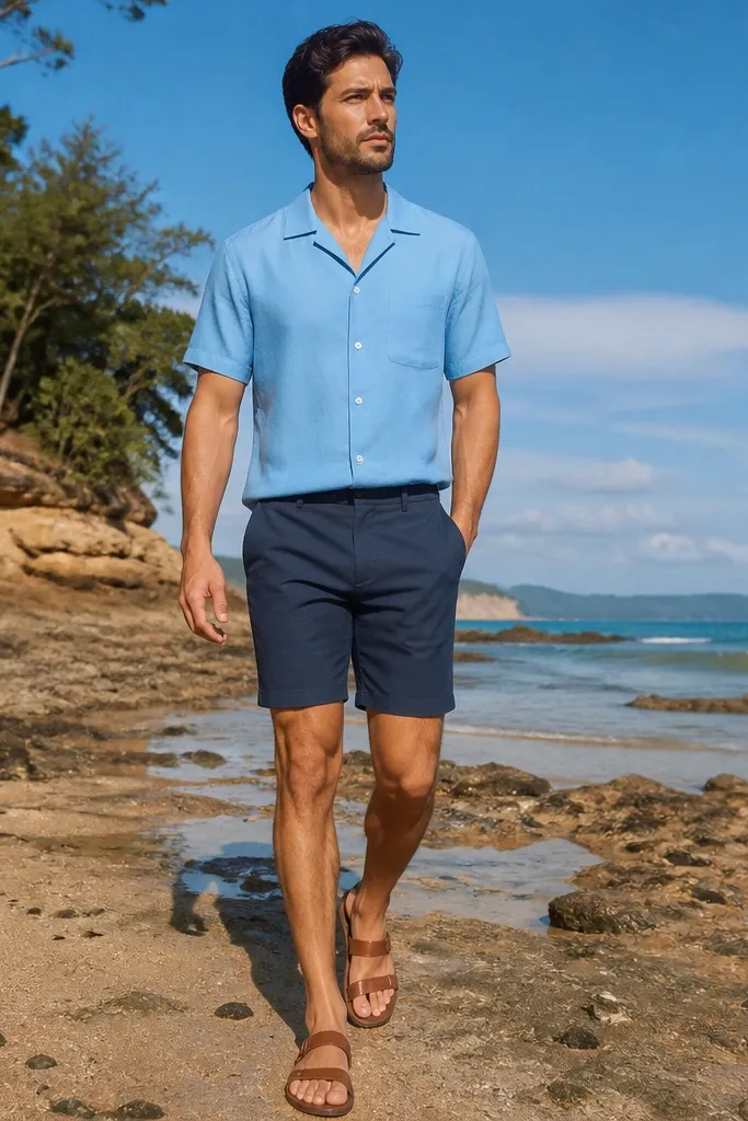 Sky blue camp collar shirt with navy tailored shorts and brown leather sandals