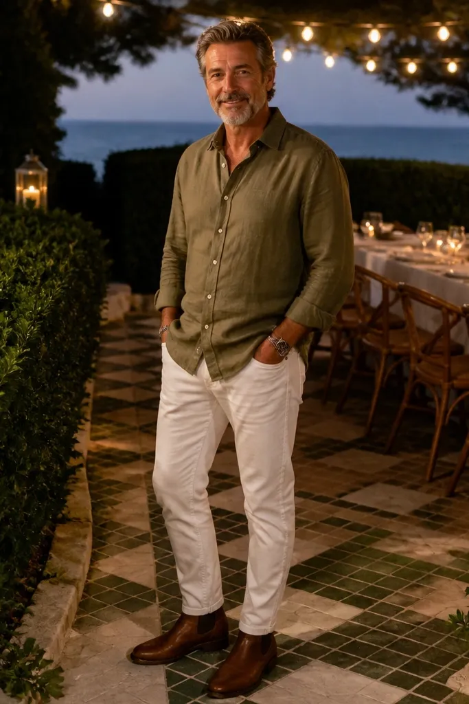 Olive linen long-sleeve shirt with white jeans and cognac leather boots