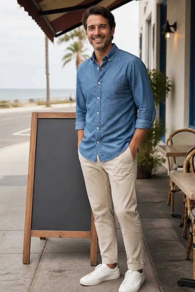 Light chambray button-down with light khaki trousers and clean white sneakers