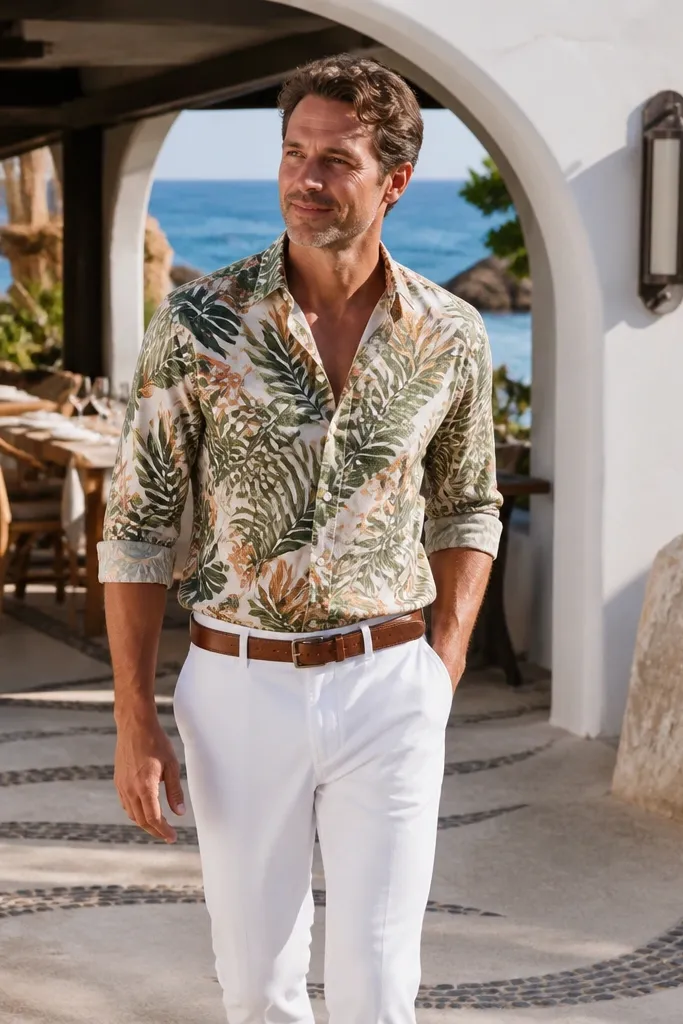 Tropical print short-sleeve shirt with solid white trousers and brown leather belt