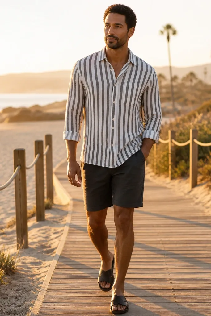 Black-and-white striped linen shirt with charcoal shorts and black leather slides