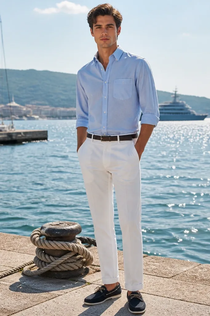 Light blue oxford button-down with white chinos and navy boat shoes