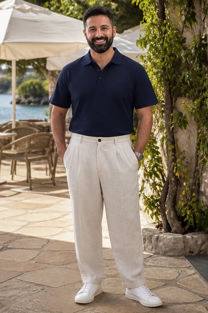 Navy polo with beige linen trousers and white low sneakers