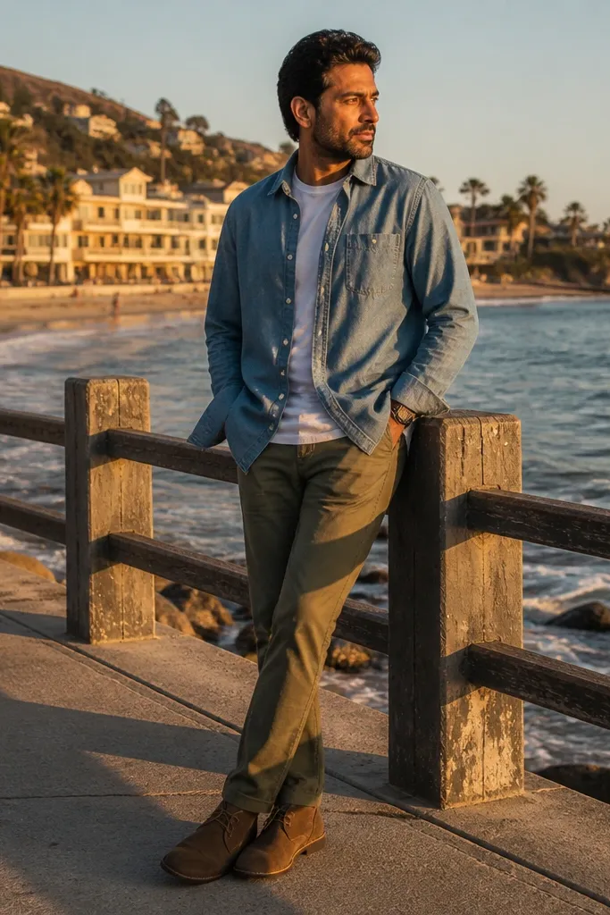 Chambray overshirt layered over a tee with olive chinos and brown suede boots