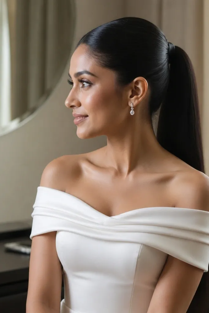 High sleek ponytail with a smooth crown and glossy hair