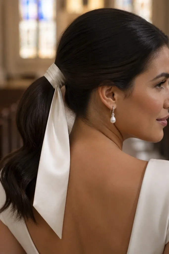 Ponytail wrapped with a satin ribbon at the base