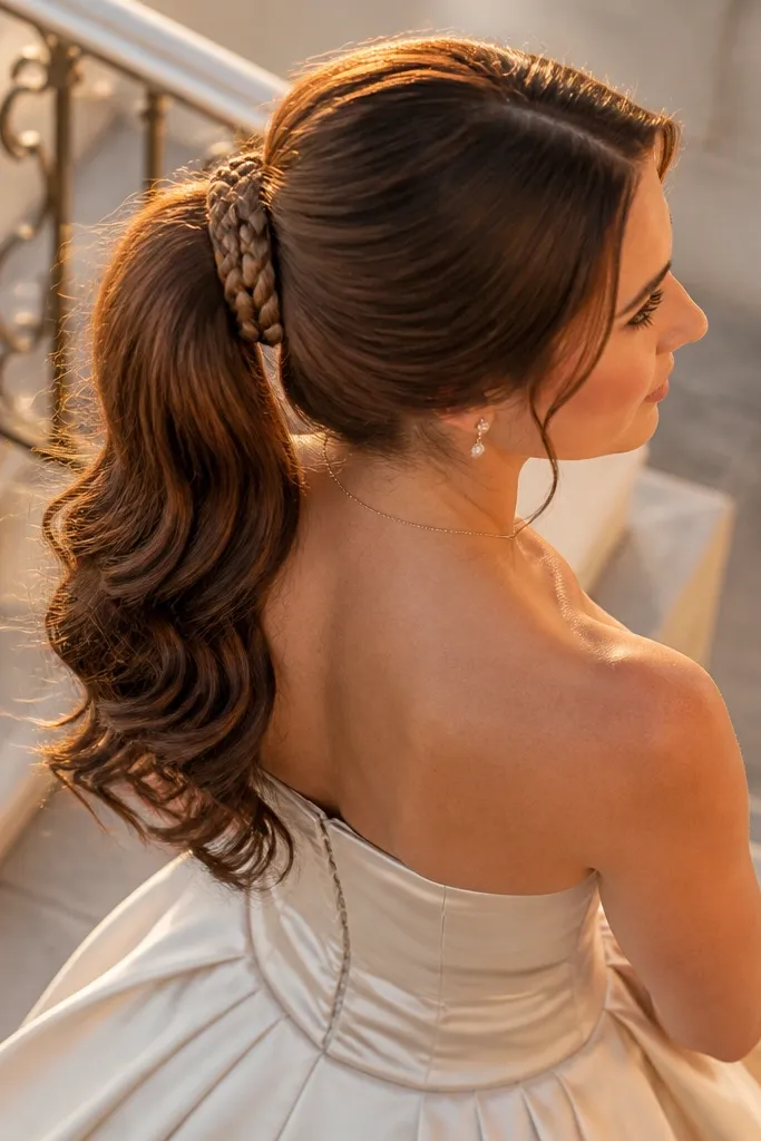 Braided halo around tie with ponytail underneath