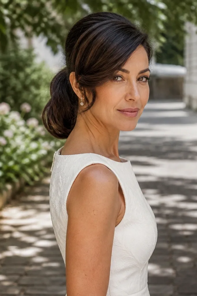 Side-swept ponytail with face-framing layers and soft sweep