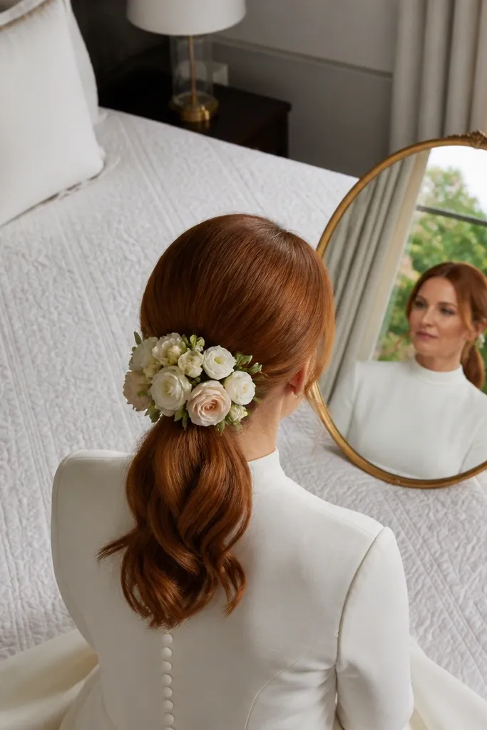 Ponytail with a floral comb pinned near the tie