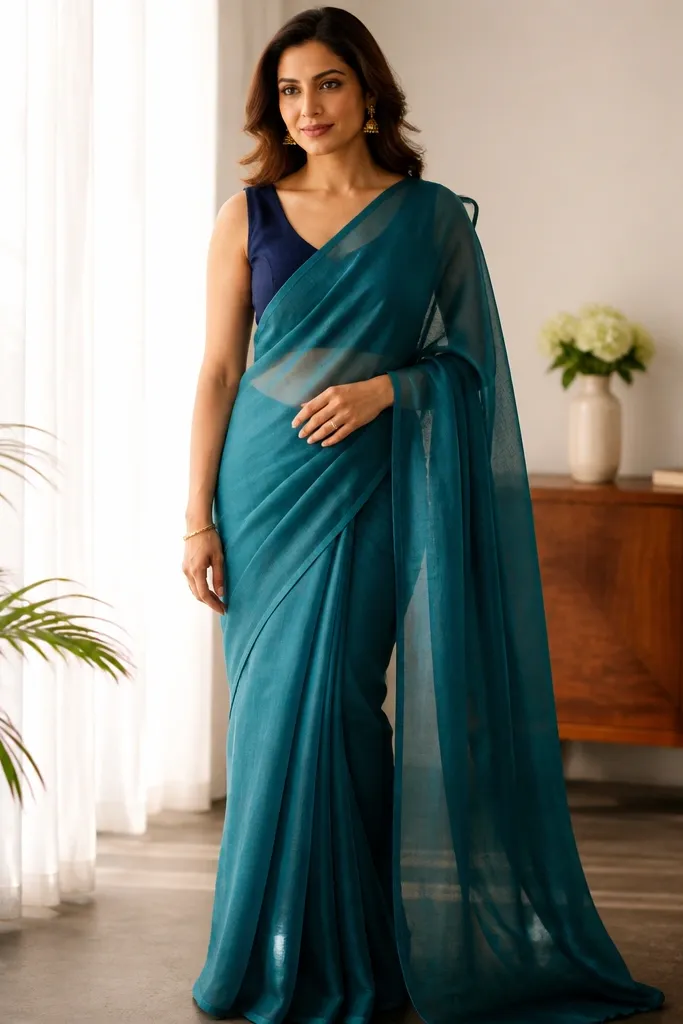 Georgette saree with subtle texture and neatly arranged pleats