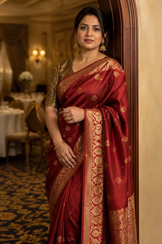 Banarasi silk saree with a zari border and rich patterned fabric
