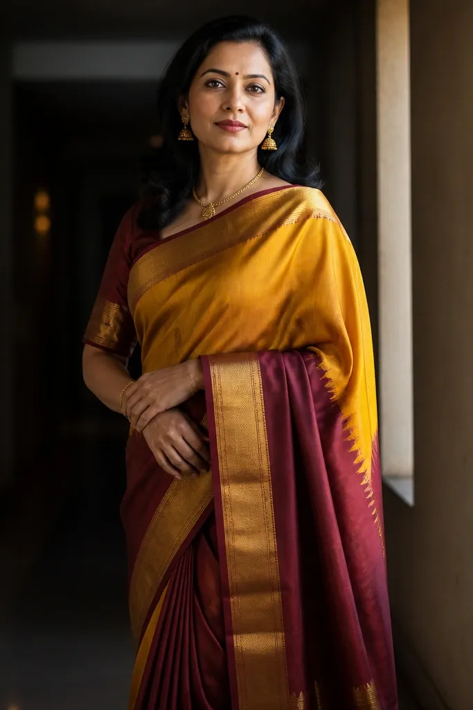 Kanjeevaram saree with a temple border and structured drape