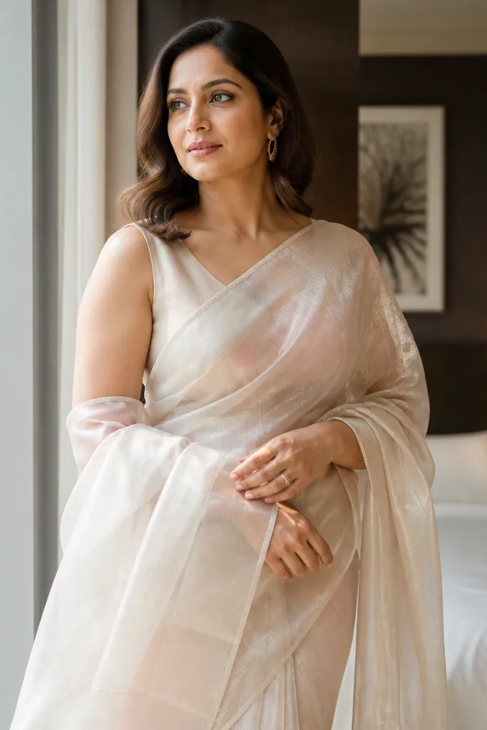Organza saree with minimal work and a layered translucent look