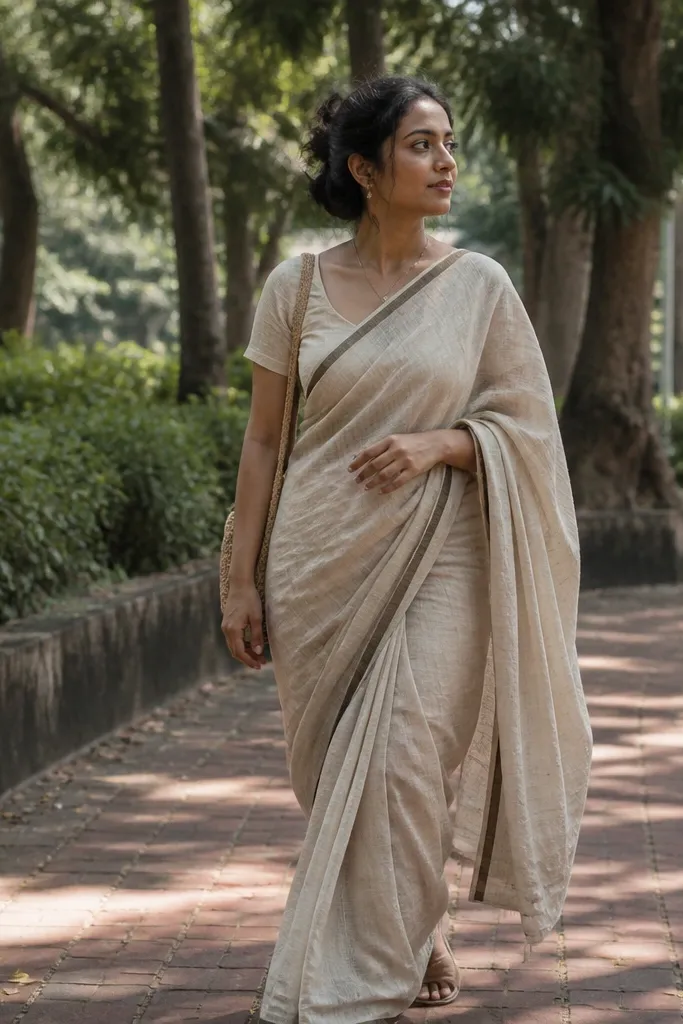 Linen saree in a light color with a minimal border