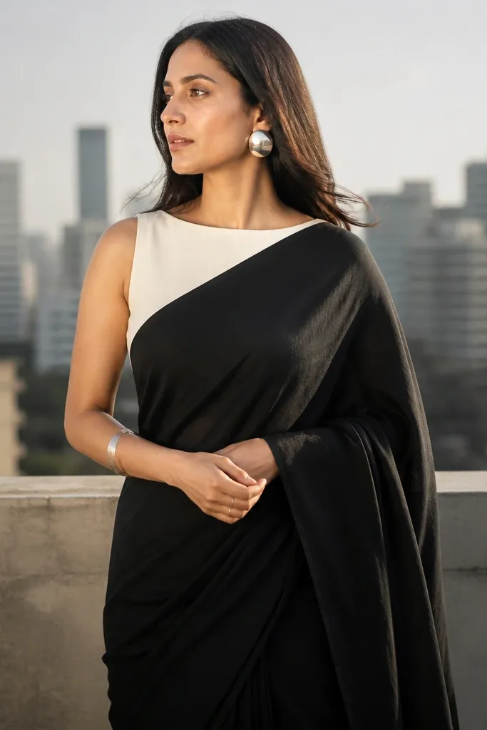 Silk crepe saree with a straight, clean drape and minimal shine