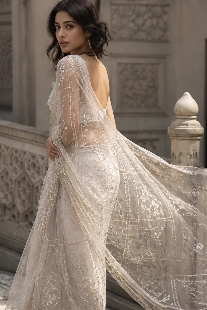 Net saree overlay over a lighter underlayer with flowing pallu