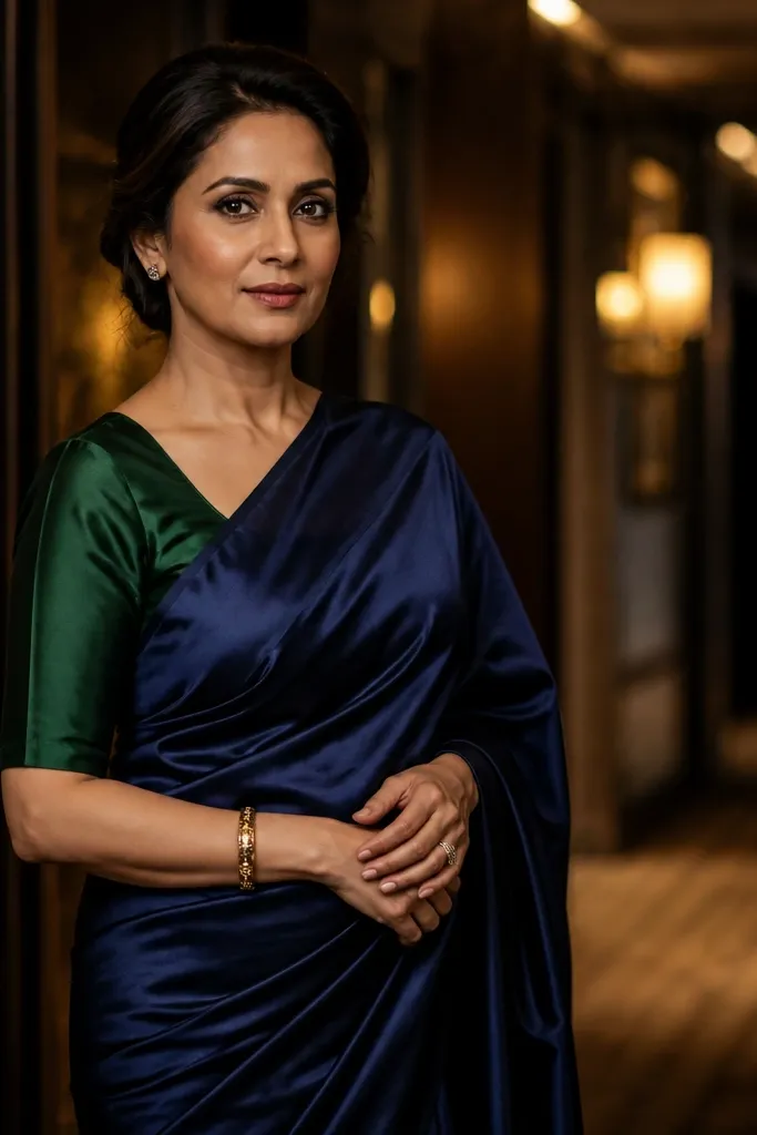 Deep-toned satin saree with a contrast blouse and smooth drape