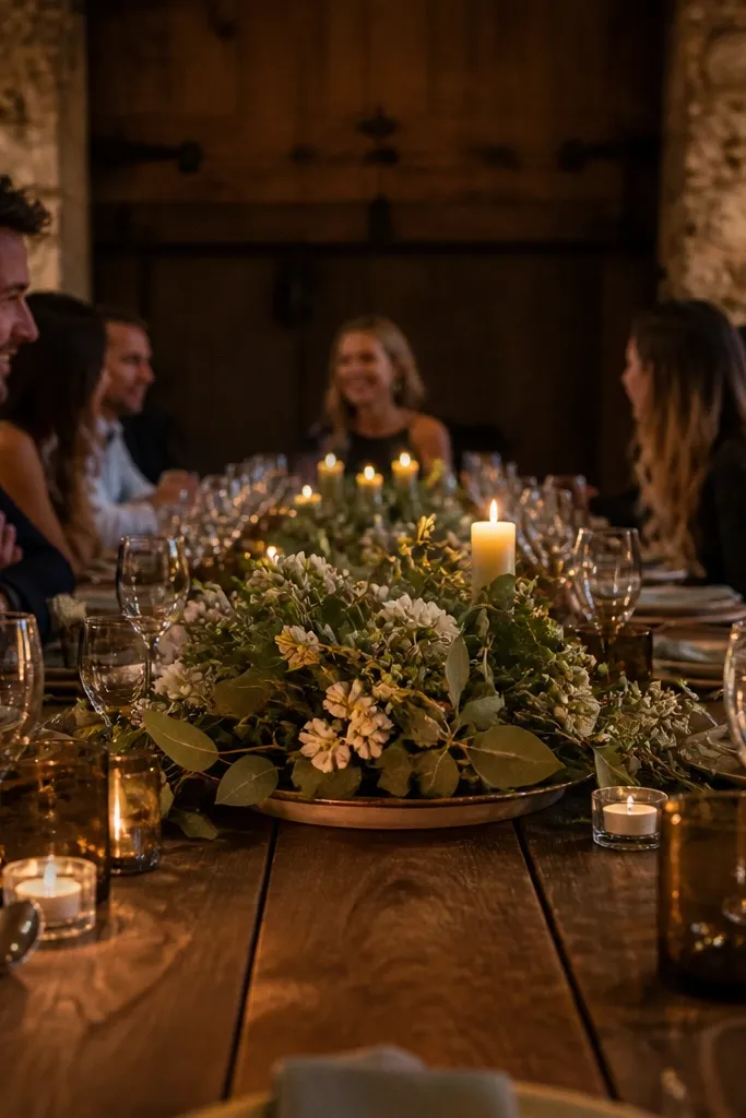 Long floral centerpiece with tall stems in the middle of a dining table