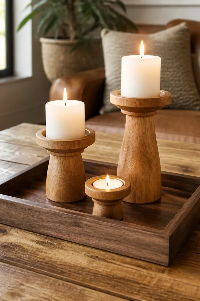 Assorted wood slices, trays, and a wooden sign in one table setup