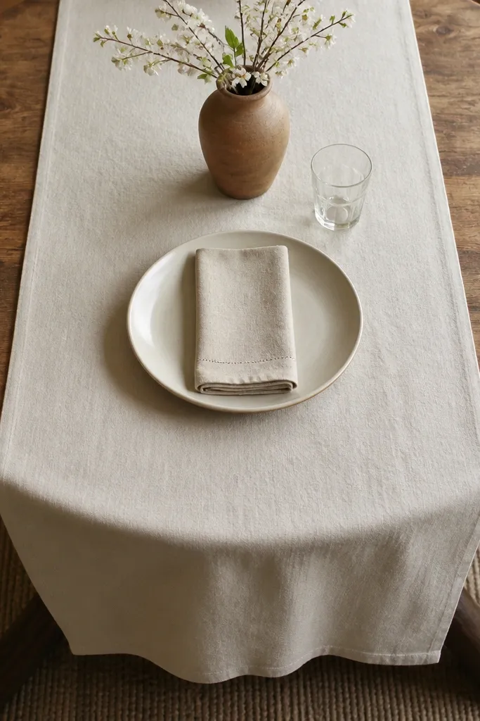 Thin fabric runner placed down the center of a round table