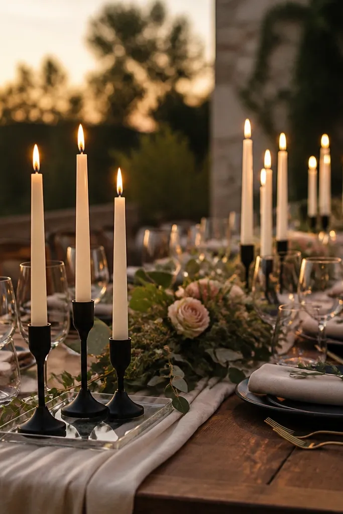 Many small candles scattered across a dining table