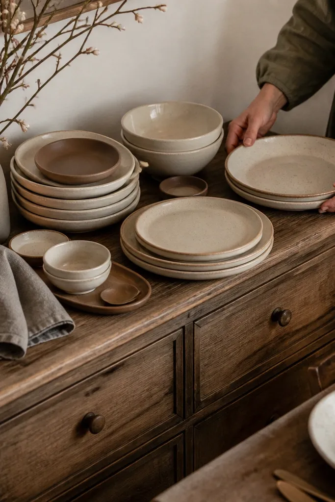Assorted mismatched plates and cups on a table