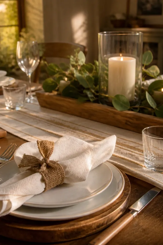Burlap runner and burlap bows covering most of a table