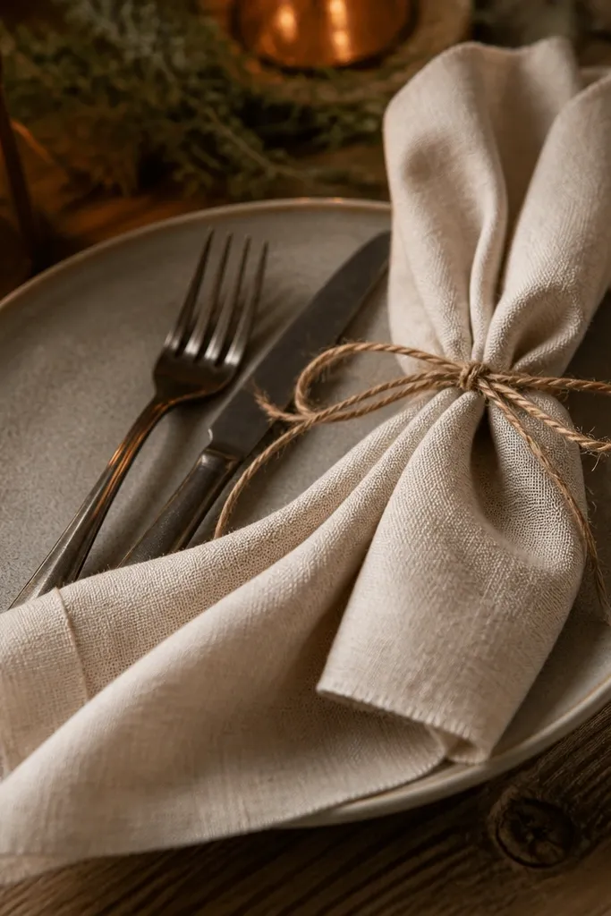 Napkins with strings tied tightly and uneven folds