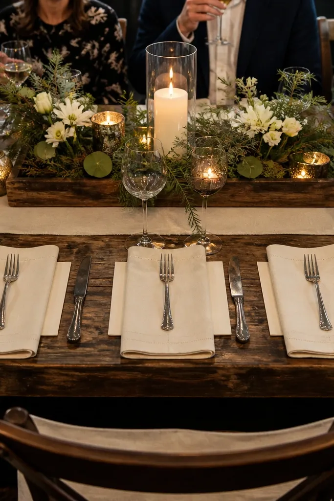 Handwritten place cards scattered near plates