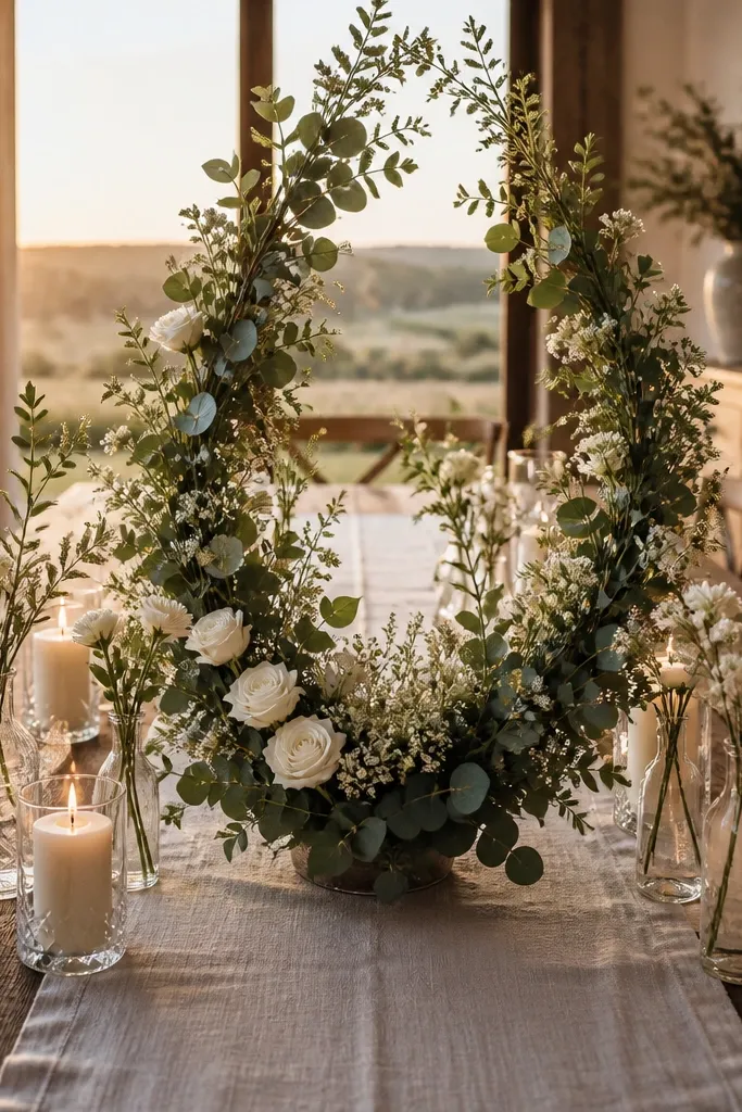 Thick overflowing floral arrangement covering the container