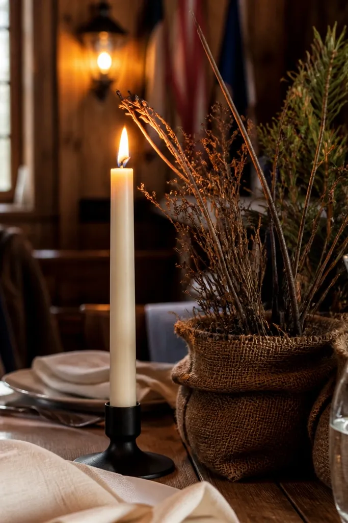 Candles positioned close to greenery and fabric runner